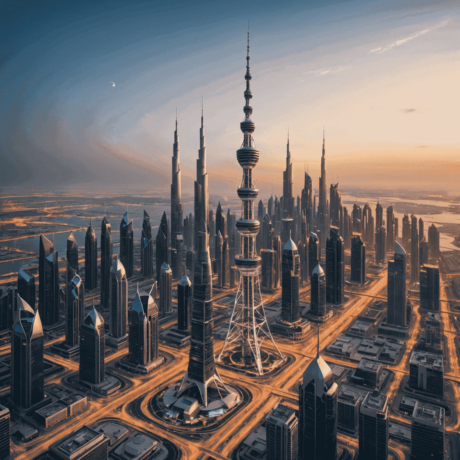 صورة توضيحية لشبكة 5G تظهر برج اتصالات في مدينة حديثة بدولة الإمارات، مع رسوم بيانية تمثل سرعة الاتصال العالية